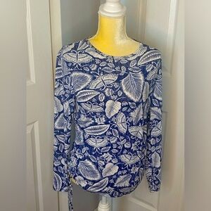 Caribbean Joe Blue/White Long Sleeve Shirt w/ Leaf & Butterfly Motifs